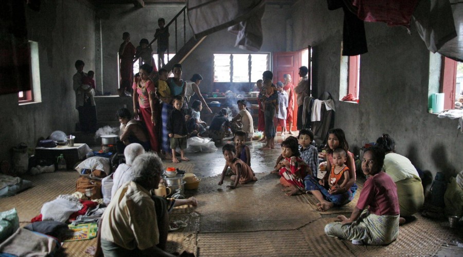 Cyclone Nargis survivors taking refuge in a monastery
