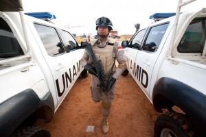 An Indonesian UNAMID police officer on patrol in Darfur