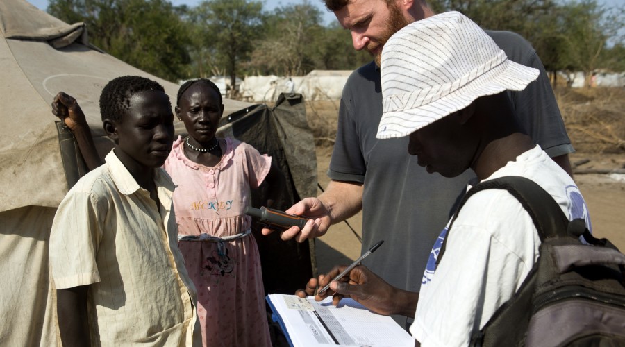 ACTED REACH team taking GPS coordinates to map Gendrasa refugee camp, Upper Nile