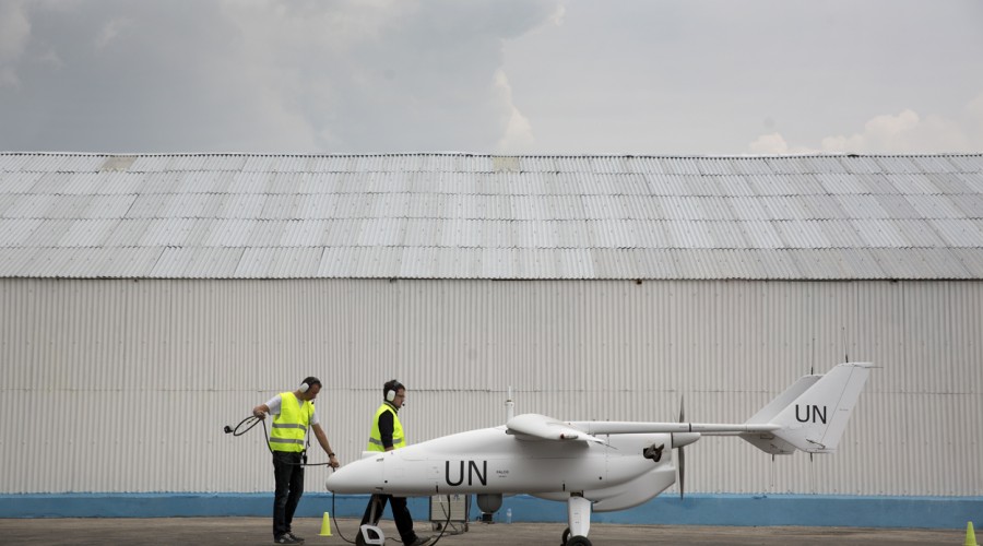 An Unmanned/Unarmed Aerial Vehicle is prepared for flight in North Kivu, Democratic Republic of Congo