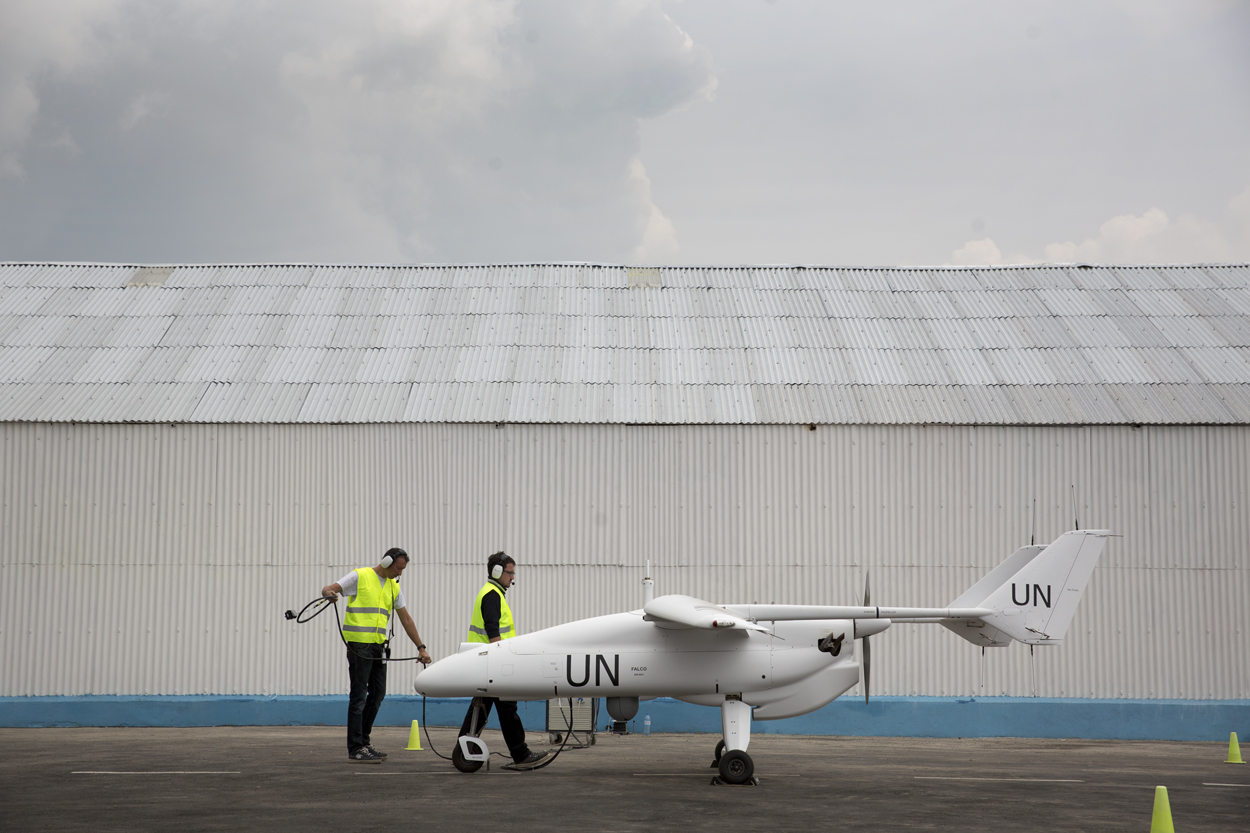 An Unmanned/Unarmed Aerial Vehicle is prepared for flight in North Kivu, Democratic Republic of Congo