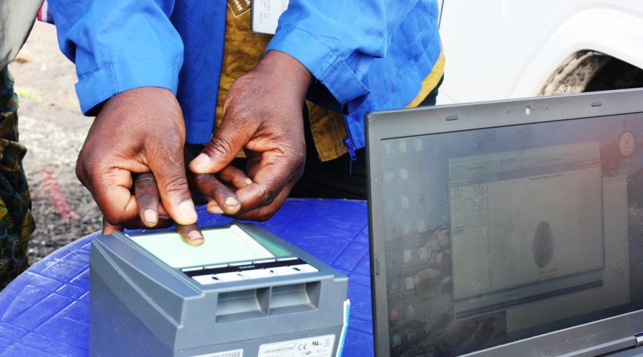 A biometric fingerprint system in use in an IDP camp in North Kivu, Democratic Republic of Congo