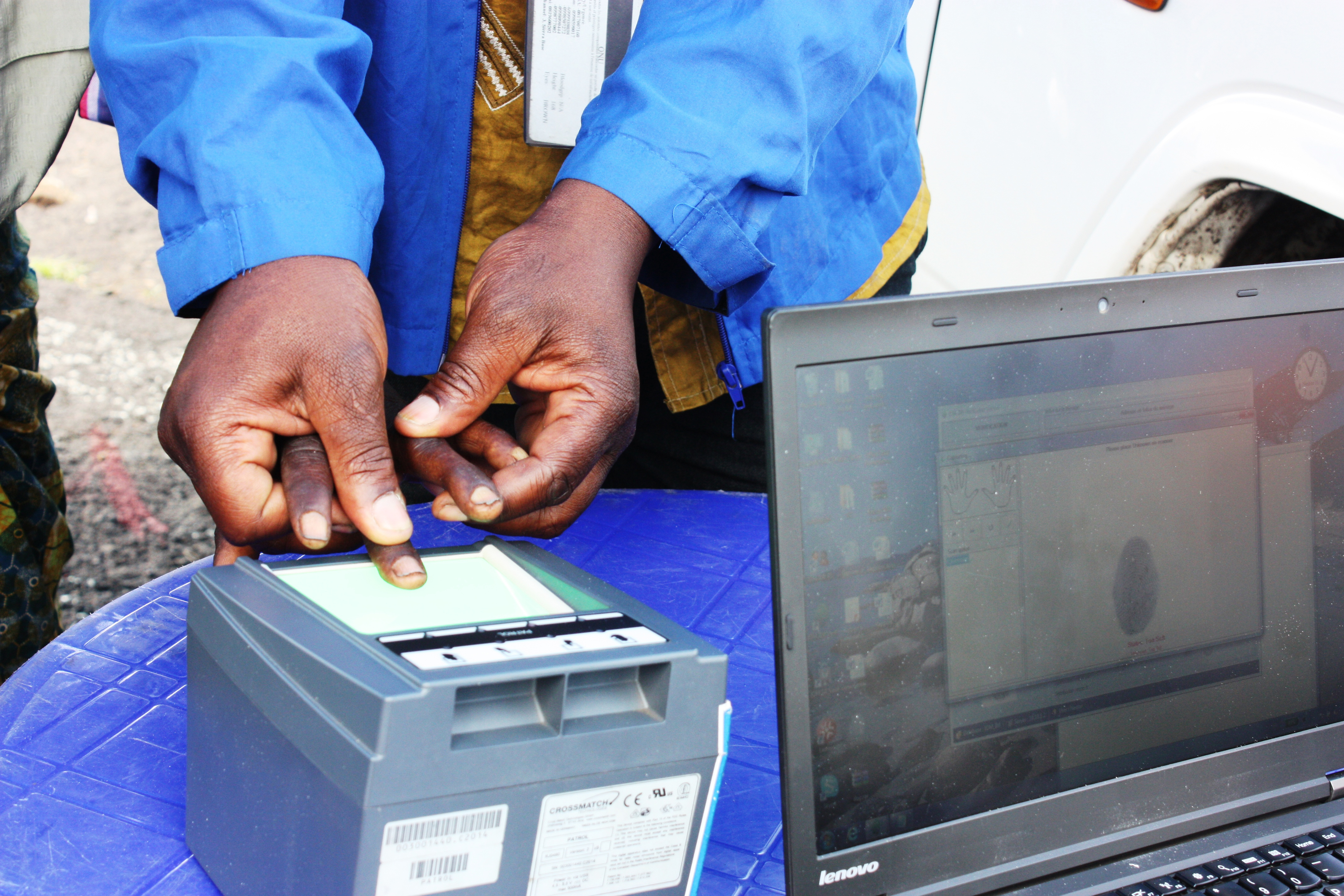 A biometric fingerprint system in use in an IDP camp in North Kivu, Democratic Republic of Congo