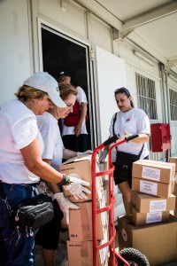 Hellenic Red Cross volunteers bring relief items to a reception centre on the island of Lesvos, Greece.