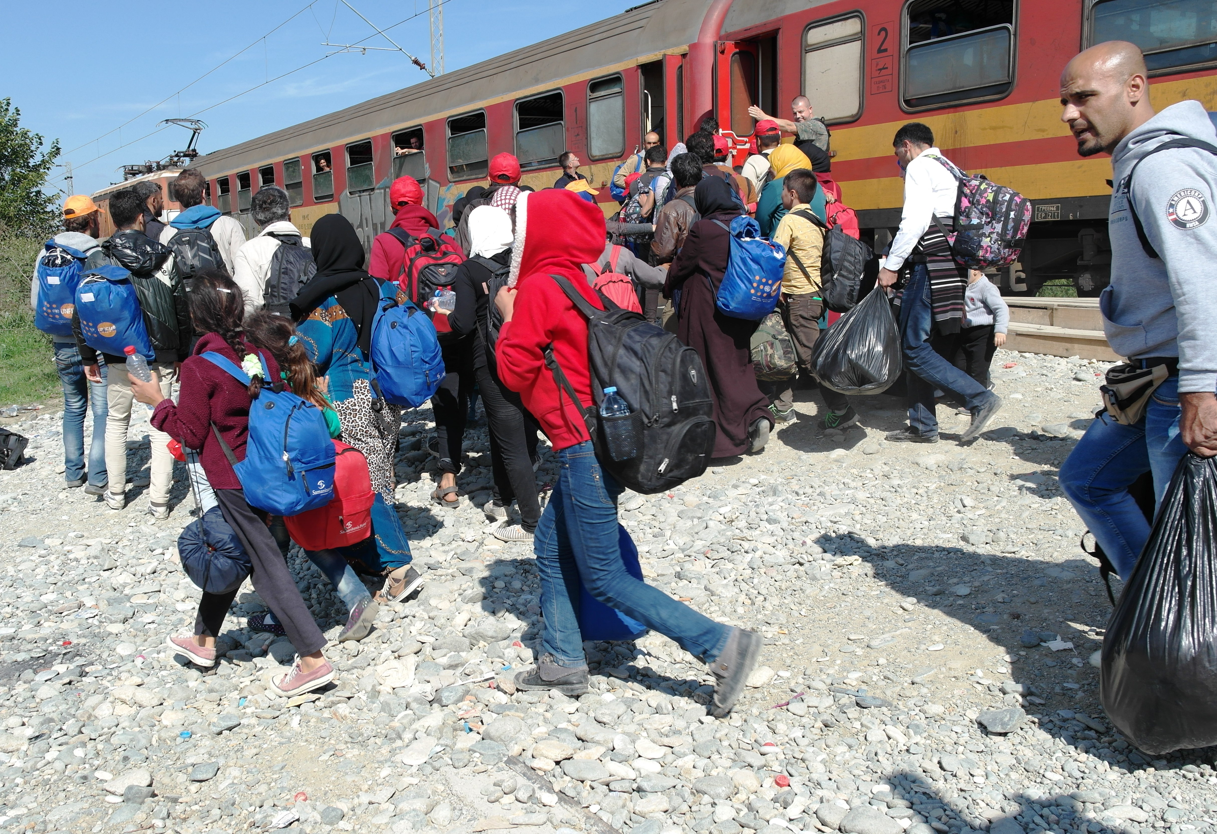 Vulnerable migrants in Gevgelija, Former Yugoslav Republic of Macedonia, catching a train to the northern border with Serbia.