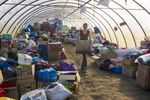 Depot for donated material for refugees at Röszke, Hungary, set up UNHCR and staffed by volunteers.
