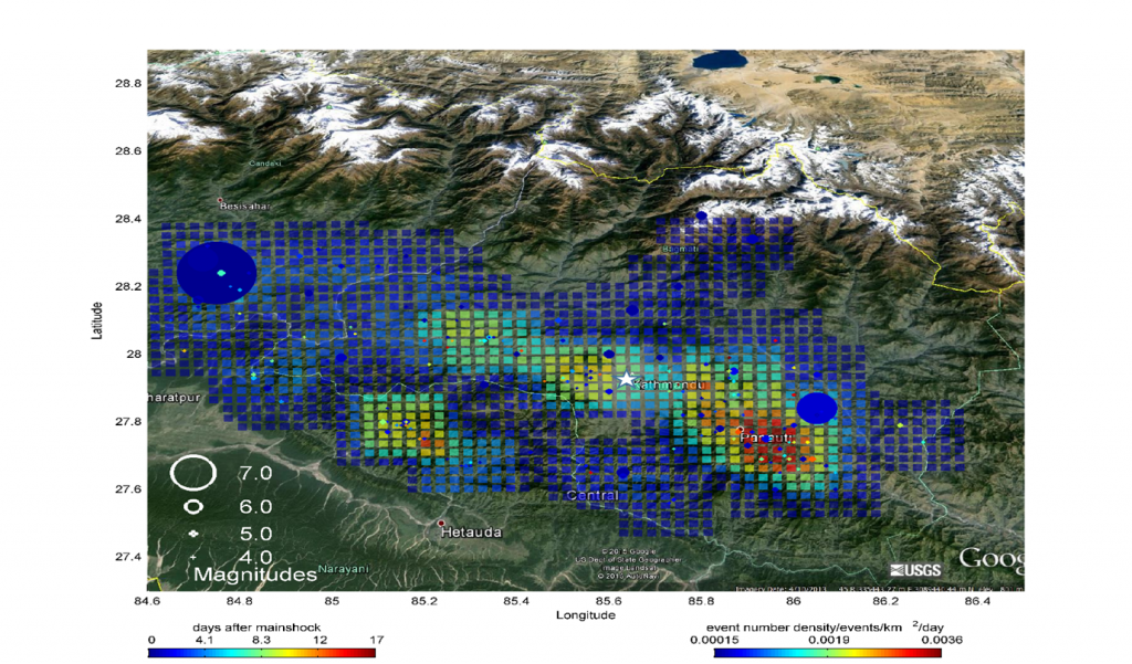 Earthquake density plot for Nepal on 11 May 2015. The method relies on the persistence of the density of aftershocks in time, which was strong in the Nepal case. A star marks the location of Kathmandu. 