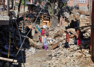 An earthquake-damaged street in Singati, Dolakha District, Nepal.