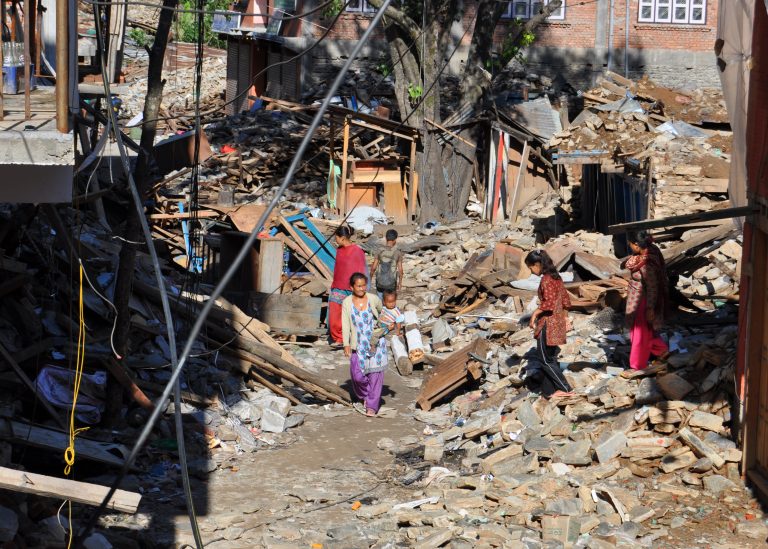 An earthquake-damaged street in Singati, Dolakha District, Nepal.