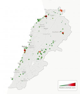 Figure 2: Shop transaction patterns in Lebanon (normal in green, atypical in red), 2014