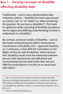 Box 1: Varying concepts of disability affecting disability data Traditionally – and in many administrative data collection systems – disability has been approached as a binary ‘yes’ or ‘no’ matter (i.e. when answering the question ‘do you have a disability?’). This leads to significant under-reporting of disability prevalence due to stigma and differing understandings of what is understood as a disability. By contrast, universal models of disability – such as the model underpinning the WHO’s International Classification of Disability (ICF) – approach disability as a continuum, in line with the Convention on the Rights of Persons with Disabilities, which stresses that ‘disability results from the interaction between persons with impairments and attitudinal and environmental barriers that hinder their full and effective participation in society on an equal basis with others’.