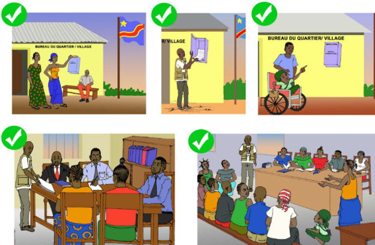 Picture books show how to engage with CAFOD DRC’s partner organisation, Centre Olame, to provide feedback and complaints Centre Olame